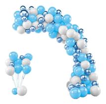 2X Kit 125 Balões Bexiga Azul Claro + Branco + Azul Metaliza