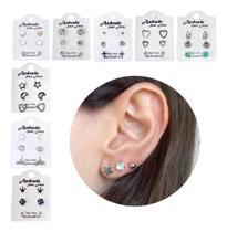 2X Kit 15 Pares Brincos Aço Inox Strass Para 3 Furos 5 Carte