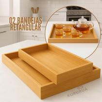 2X Kit 2 Bandeja De Bambu Para Cozinha Conjunto Retangular M