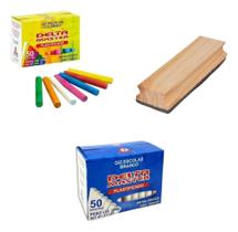 2X Kit 2 Caixas De Giz De Lousa Branco E Colorido + Apagador