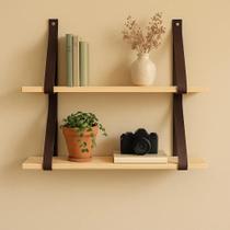 2X Kit 2 Prateleira Madeira Maciça C/Alça De Couro 50X15 2X Kit 2 Prateleira Madeira Maciça C/Alça De Couro 50X15