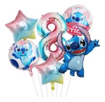 2X Kit 6 Balões Metalizado Lilo Stitch Estrela Tie Dye Númer