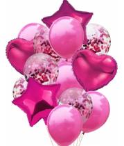 2X Kit Buque Balão Metalizado 14 Peças Bexiga Festa Rosa Pin