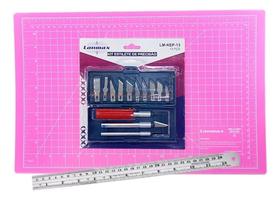 2X Kit Estilete Bisturi + Base Corte A3 45X30 + Régua Aço 30