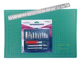 2X Kit Estilete Bisturi + Base Corte A3 45X30 + Régua Aço 30