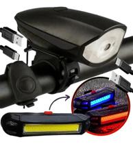 2X Kit Lanterna Farol Led Com Buzina Bike Recarregavel Usb