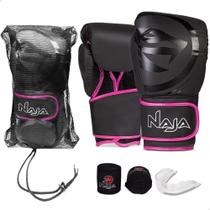 2X Kit Luva Muay Thai Boxe Naja Black Line Com Bucal E Banda 2X Kit Luva Muay Thai Boxe Naja Black Line Com Bucal E Banda