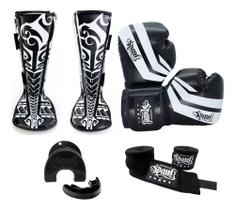 2X Kit- Muaythai Spank Preto (Luva, Caneleira, Bandagem, Buc