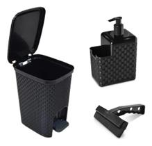 2X Kit Pia Lixeira Rattan Porta Detergente Esponja Rodo Pia