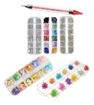 2X Kit Strass Pedrinha Madrepérola Flores Seca + Caneta Str