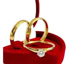 2X Par Alianças Banhada À Ouro 18K Casamento + Anel De Noiva