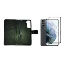 2x Peliculas De Vidro 3d Full Cover + Capa Carteira com Flip Preta Para Samsung Galaxy S21 Fe - JV ACESSORIOS