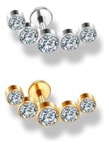 2X Piercing Cluster Orelha Labret 5 Zircônias Aço Cirúrgico
