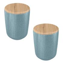 2X Porta Algodão Cotonete Ou Ceramica Azul Com Tampa Bambu