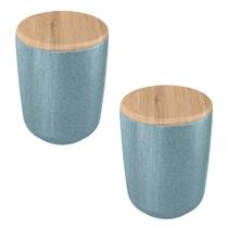 2X Porta Algodão Cotonete Ou Ceramica Azul Com Tampa Bambu