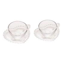 2X Xicaras Cafe Cristal Detalhes Em Forma Coração C/Pires