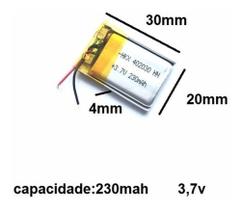 3.7v Bateria 230 Mah 2 Fios 30mm X 20mm X 4mm 402030 -