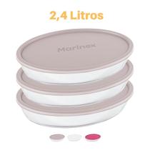 3 Assadeiras Oval Vidro Com Tampa 2,4L Refratário Marinex