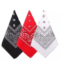 3 Bandanas De Algodão Estampa Paisley Preta Branca Vermelha