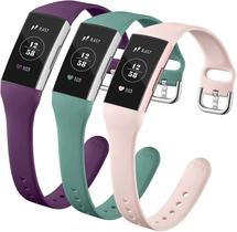 3 Bandas de Silicone para Fitbit Charge 3/4/3 SE - Pulseiras Finas e Macias (Ameixa, Verde e Rosa)