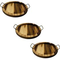 3 Bandeja Redonda de madeira teca com alça para servir 3 Bandeja Redonda de madeira teca com alça para servir