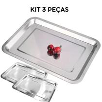 3 Bandejas Inox Rasa Retangular 30 X 40 Servir - Kit 3 Peças