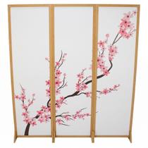 3 Biombo Oriental Japonês Sakura Reto Com Pés Folha Painel Mdf Divisor Divisória Separador De Ambiente