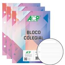 3 Bloco Refil Fichário caderno argolado 80 Fls Colegial ACP 3 Bloco Refil Fichário caderno argolado 80 Fls Colegial ACP