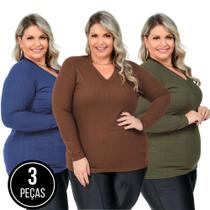 3 Blusas de Manga Longa - Gola V - Plus Size - Malha Canelada