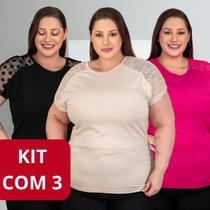 3 Blusas Elegantes Plus Size Feminina Social Com Renda nos Ombros Gola Redonda Modinha Mulher