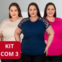 3 Blusas Elegantes Plus Size Feminina Social Com Renda nos Ombros Gola Redonda Modinha Mulher