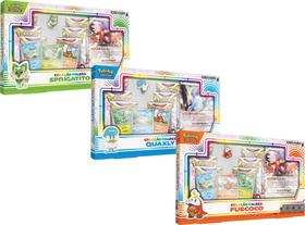 3 Box Pokémon Paldea Fuecoco, Sprigatito e Quaxly com Broche e Carta Gigante Koraidon e Miraidon EX