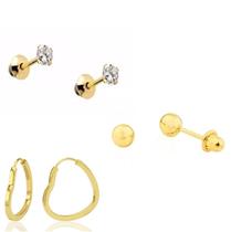 3 Brincos Ouro Bola 2.5mm Pedra 2.5mm e Argola Coração Mini Ouro 18k