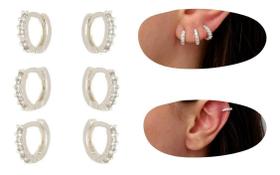 3 Brincos Trio Argolas Cravejadas Zirconia Prata 925