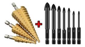 3 Brocas Escalonada 12mm/20mm/32mm + 7 Brocas P/ Vidro Telha