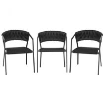 3 Cadeiras Atenas Tricô Náutico e Alumínio com Proteção UV para Varanda, Cozinha, Área, Jardim - Pintura Preto