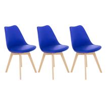 3 Cadeiras Estofada Leda Base Madeira Eames Cozinha Azul Bic