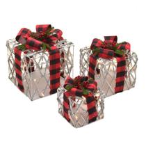 3 caixas de presente natalinas com laço xadrez vermelho e preto - Espressione