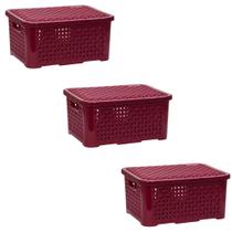 3 Caixas Organizadoras Cesto Multiuso 3 Litros Rosa Marsala Preto Com Tampa Empilhavel Rattan