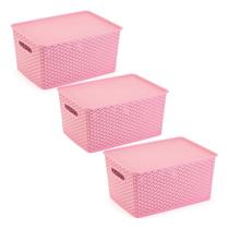 3 Caixas Organizadoras Com Tampa Grande 15 Lts Rattan Rosa