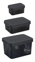 3 Caixas Organizadoras Pequena Media Grande 4,5Lt , 11Lt, 17Lt Cor Preto