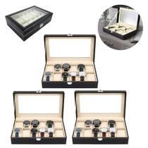 3 Caixas Porta Relógios 12 Divisórias Elegante Preto