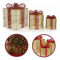 3 Caixas Presente Enfeite Decoração Natal Led Árvore Aramada Dourado Aramado Glitter 3 Caixas Presente Enfeite Decoração Natal Led Árvore Aramada Dourado Aramado Glitter