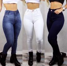 3 Calças Jeans Feminina Skynny Reta Cós Baixo e Alto Cores