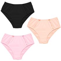 3 Calcinha Cintura Alta Luminate 2112 Renda Preto Rosa Pessego