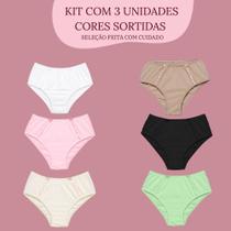 3 Calcinhas Algodão Renda Cintura Alta Conforto Modeladora