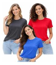 3 Camisetas Feminina Algodão 30.1 Kit 3 Cores Variadas Gola redonda Básica Trabalho Passeio Versátil Dia a dia T shirt Casual Manga curta Leve Confort