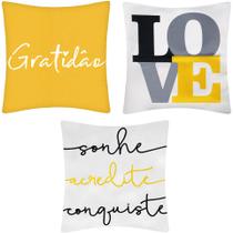 3 Capas Almofada Gratidão Sonhe Conquiste e Love 45x45 Sarja
