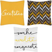3 Capas Almofada Gratidão Sonhe Conquiste ZigZag 45x45 Sarja