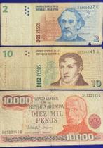 3 Cédulas 2 Pesos, 10 Pesos e 10.000 Pesos Banco Central De La República Argentina Antigas Coleção - Cédulas Raras